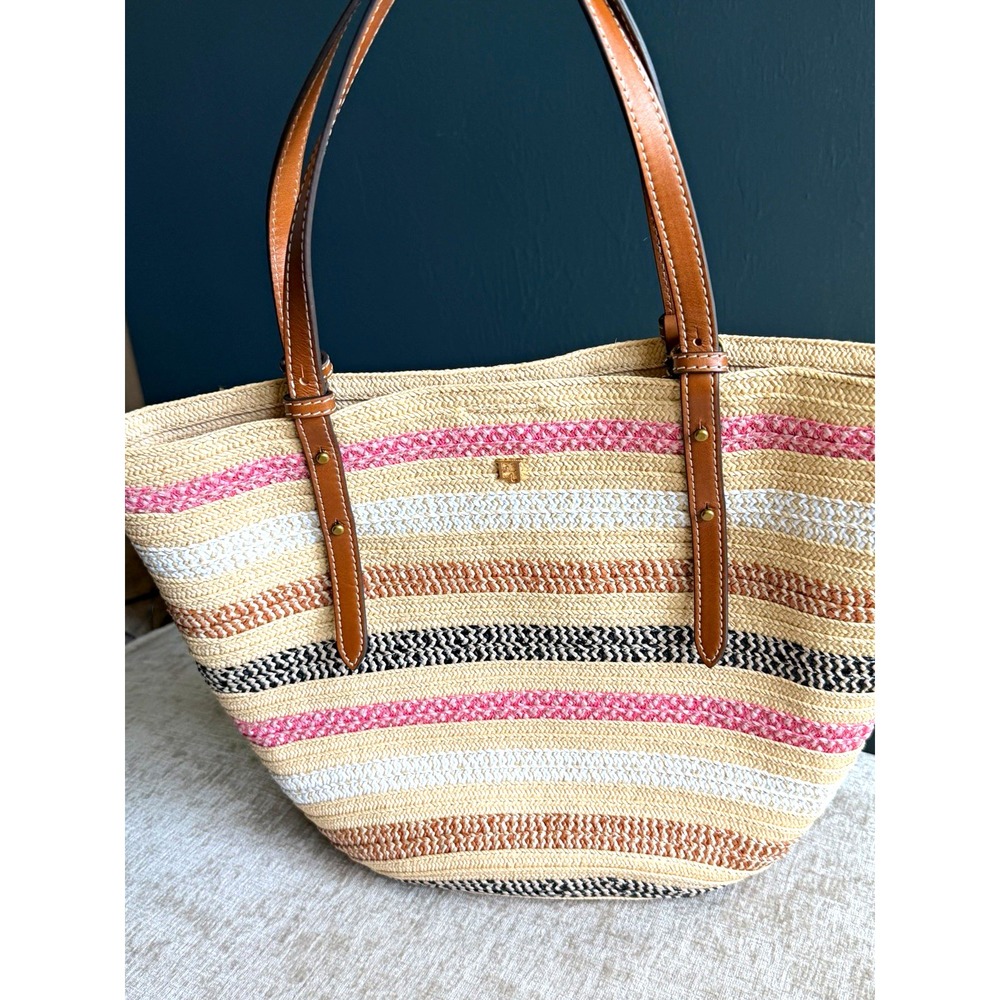 Eric Javits New York Multicolor Woven Straw Tote Bag Leather Trim Beach Resort